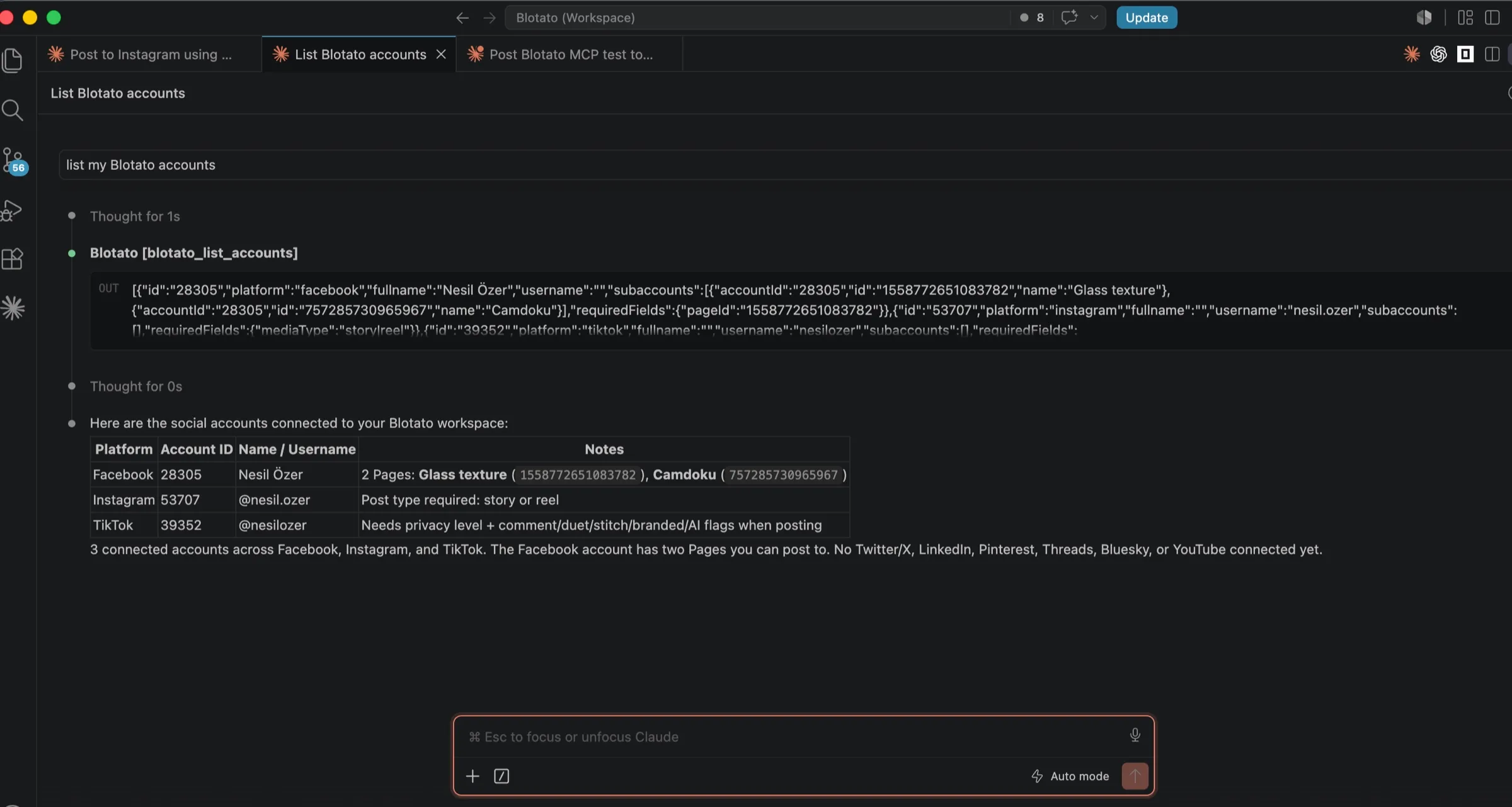 post to Instagram with Claude: listing connected Blotato accounts