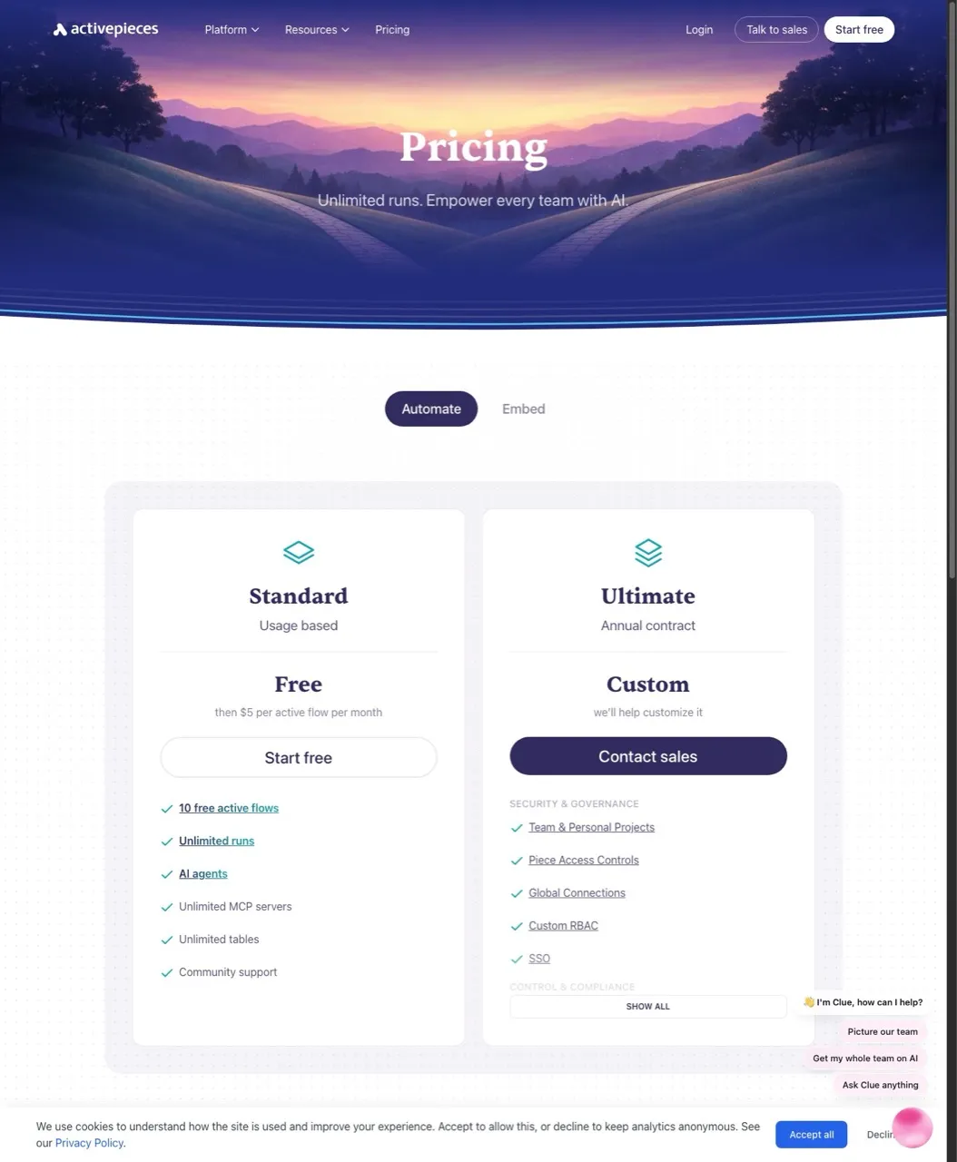 Zapier alternative Activepieces pricing showing Standard and Ultimate plans