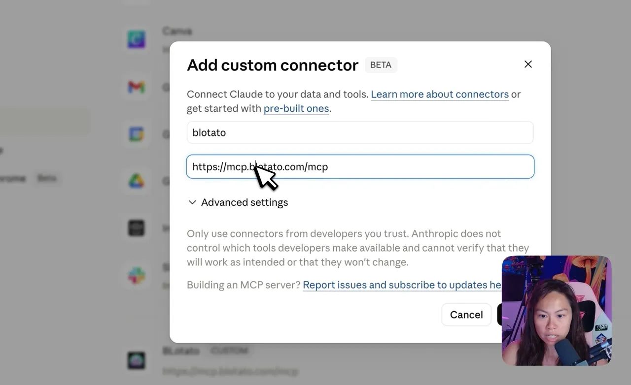 Claude Add Custom Connector modal with blotato typed as the name and mcp.blotato.com/mcp pasted into the URL field, the only setup step needed to wire Blotato into Claude.
