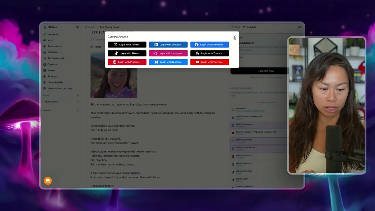 The add-account panel in Blotato showing connected social accounts and the option to add another platform.