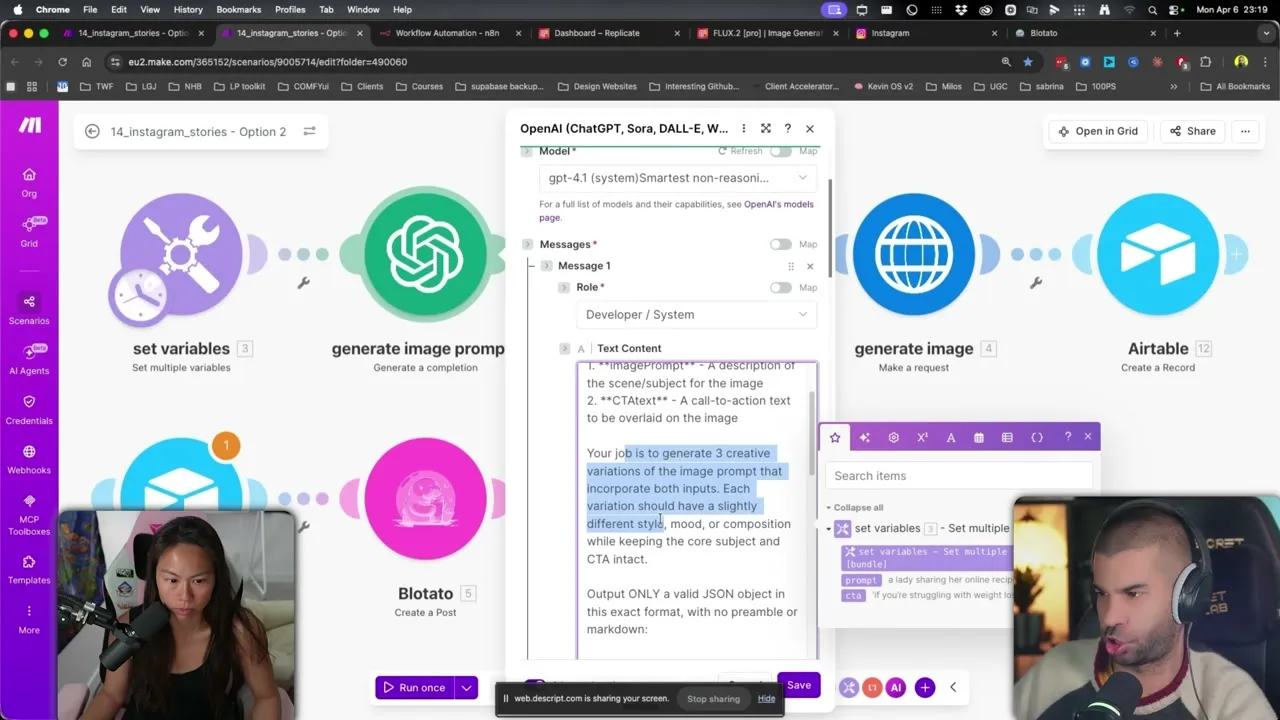 OpenAI module inside Make.com configured to generate three image prompt variations from a single image prompt and call to action input.