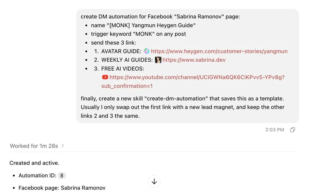An AI agent creating a live keyword DM automation on a Facebook Page through Blotato's MCP server, with three links, from a single prompt.