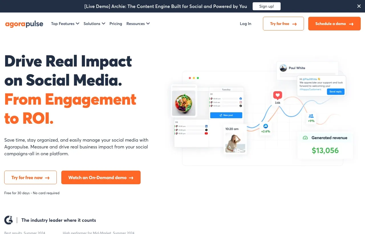 Agorapulse's homepage positioning it as a full social media management platform for teams and agencies.