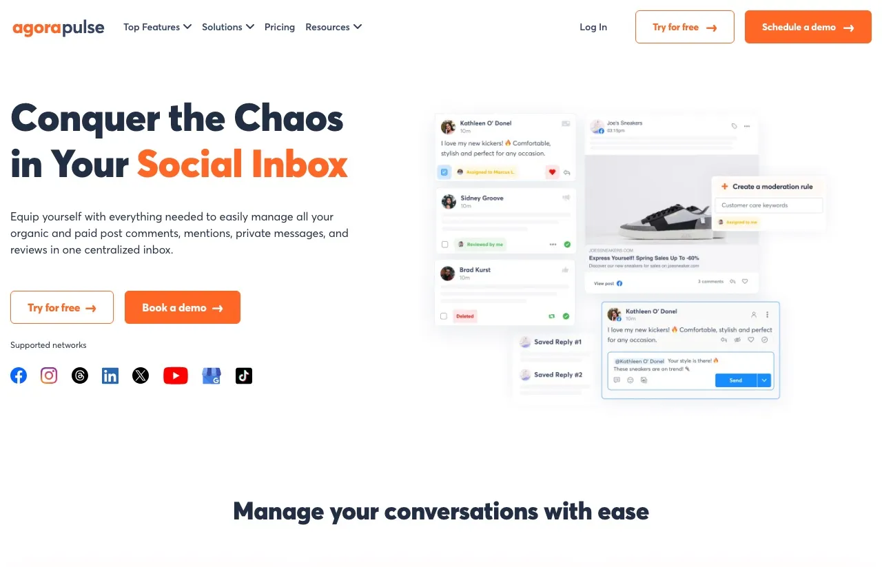 Agorapulse's social inbox, where a team manages comments, messages, mentions, and ad comments from every connected profile in one queue.