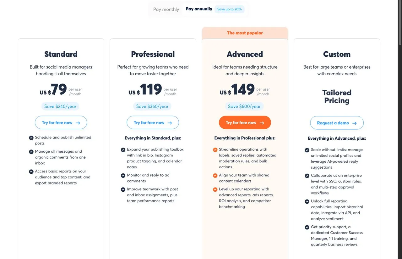 Agorapulse pricing page on annual billing, showing Standard at $79, Professional at $119 and Advanced at $149 per user per month
