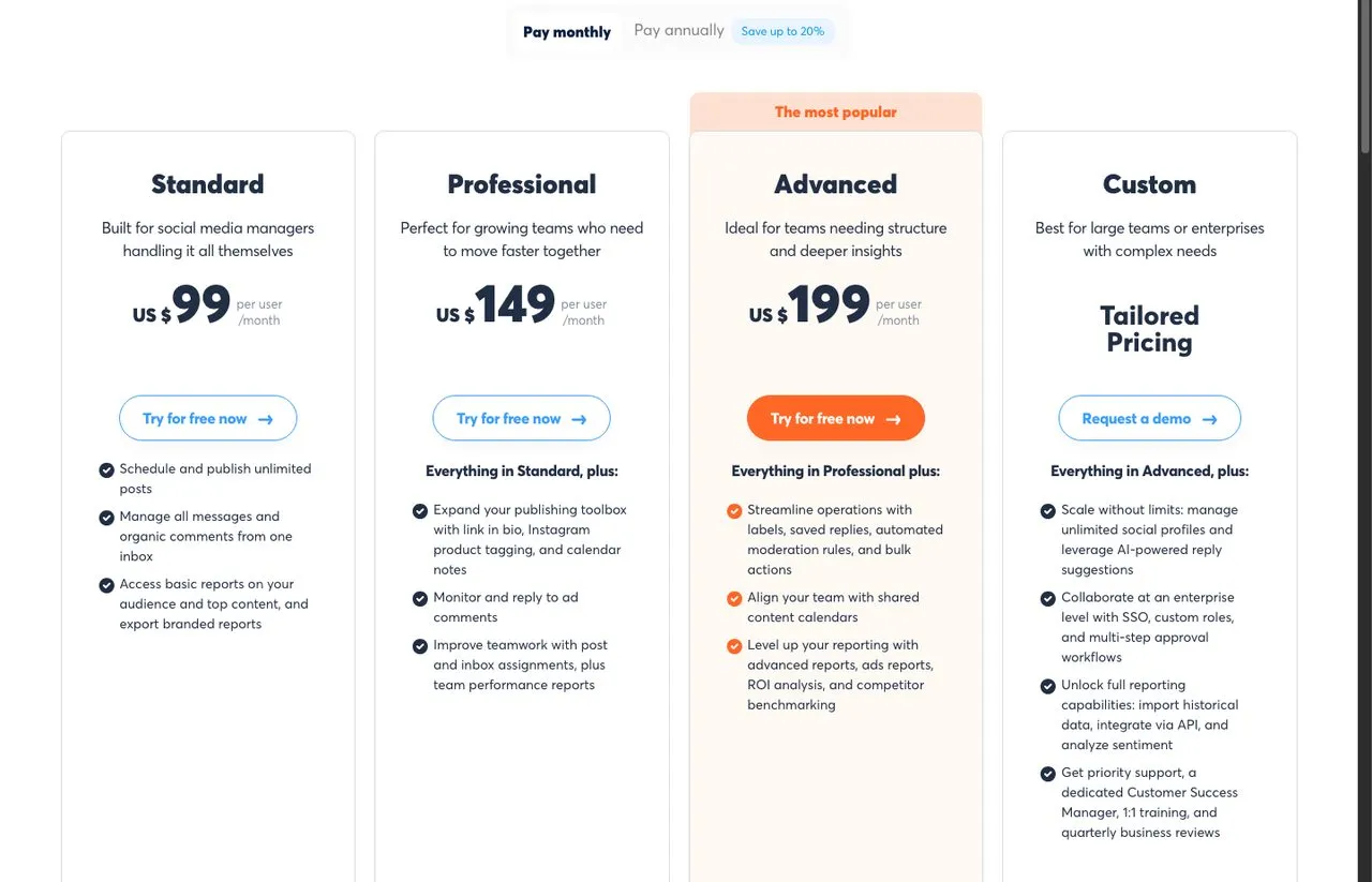 Agorapulse pricing page on monthly billing, showing Standard at $99, Professional at $149 and Advanced at $199 per user per month