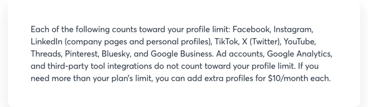 Agorapulse pricing page tooltip listing the ten platforms that count toward the profile limit and the $10 per month extra profile rate