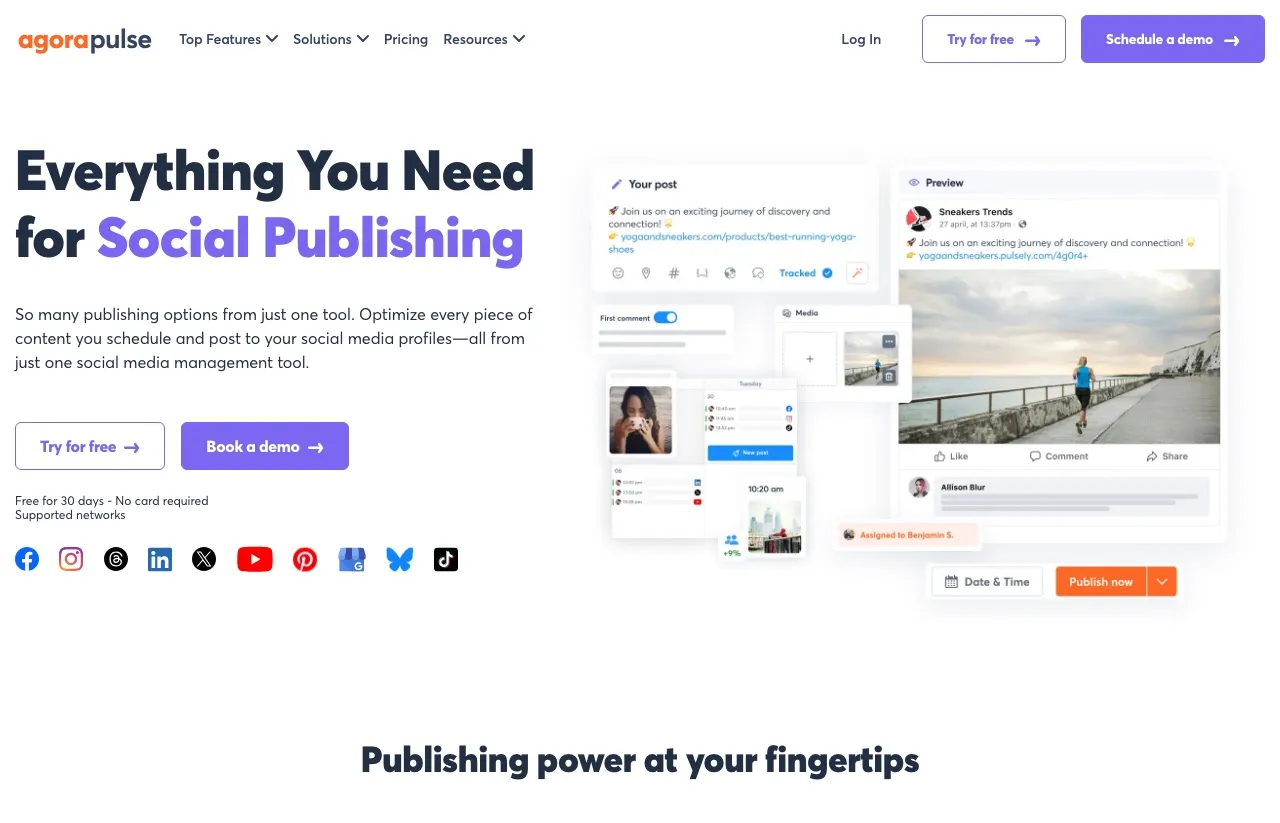 Agorapulse's publishing view, with a content composer, calendar, and post preview across profiles.