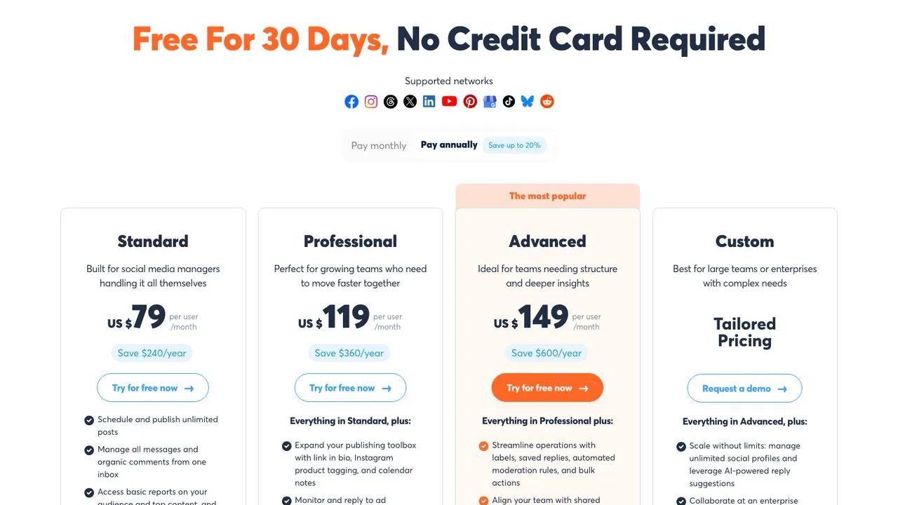 Metricool alternative Agorapulse pricing page showing per-user monthly plans
