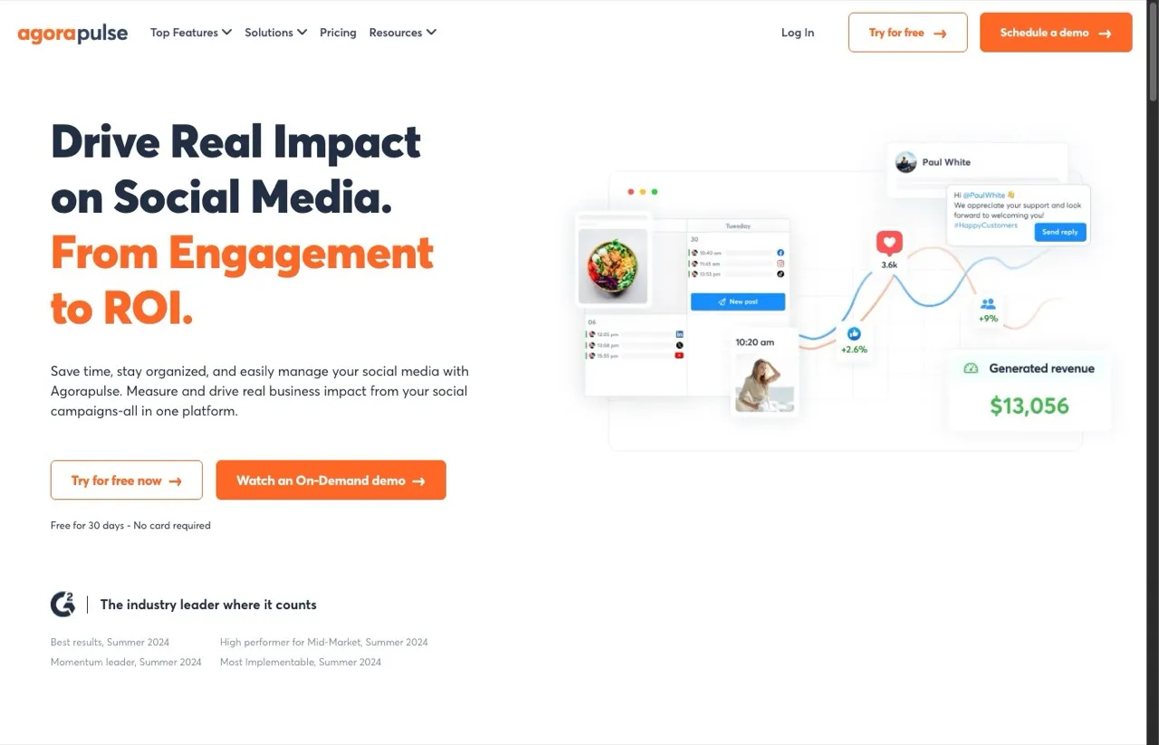 Hootsuite alternative Agorapulse homepage showing unified social inbox and team collaboration tools