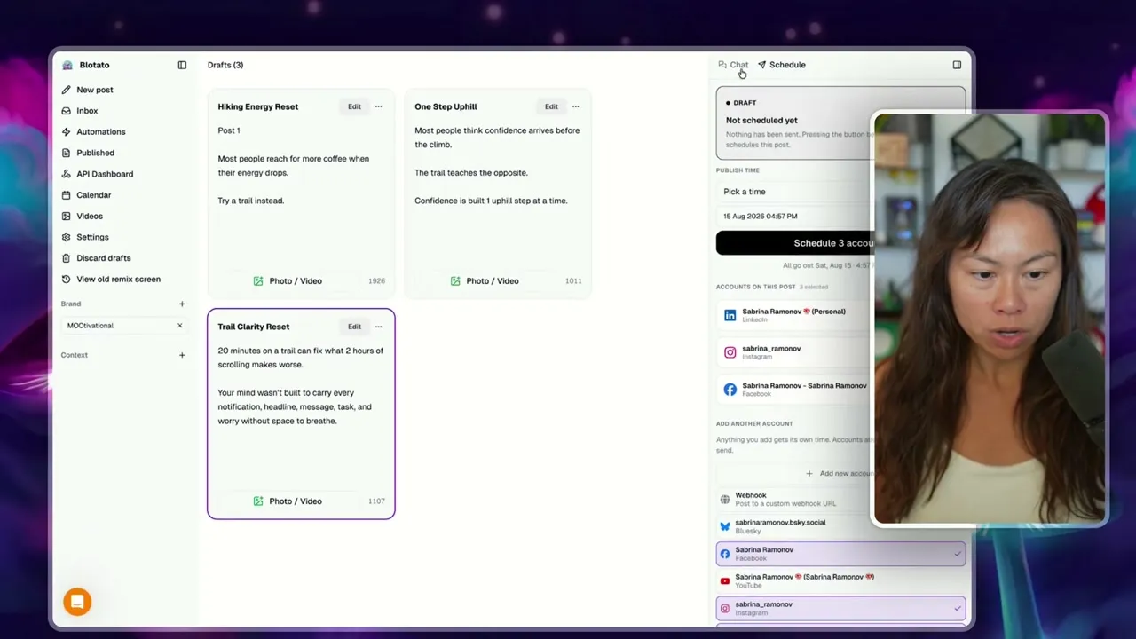 Three AI-drafted posts in the Blotato agent view, with the left sidebar showing New post, Inbox, Automations, Published, API Dashboard, Calendar, Videos and Settings, and the Schedule panel open on the right.