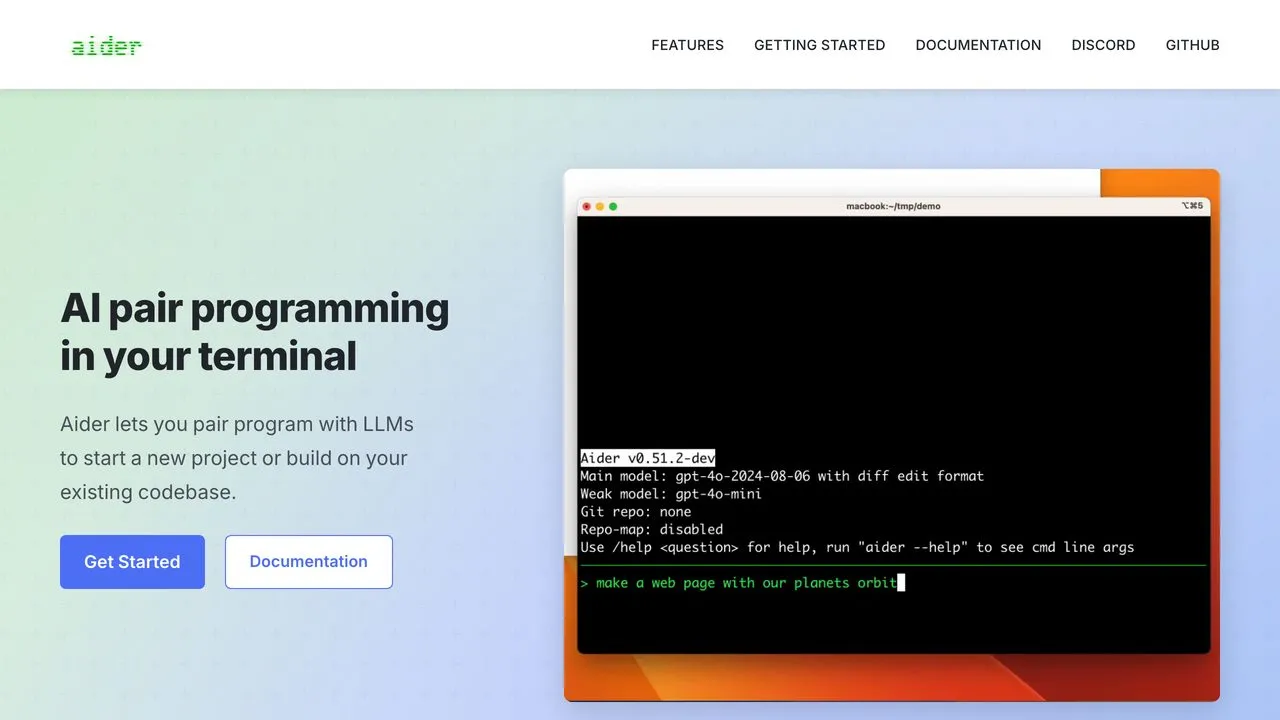 Aider AI pair programming terminal agent homepage showing a live session