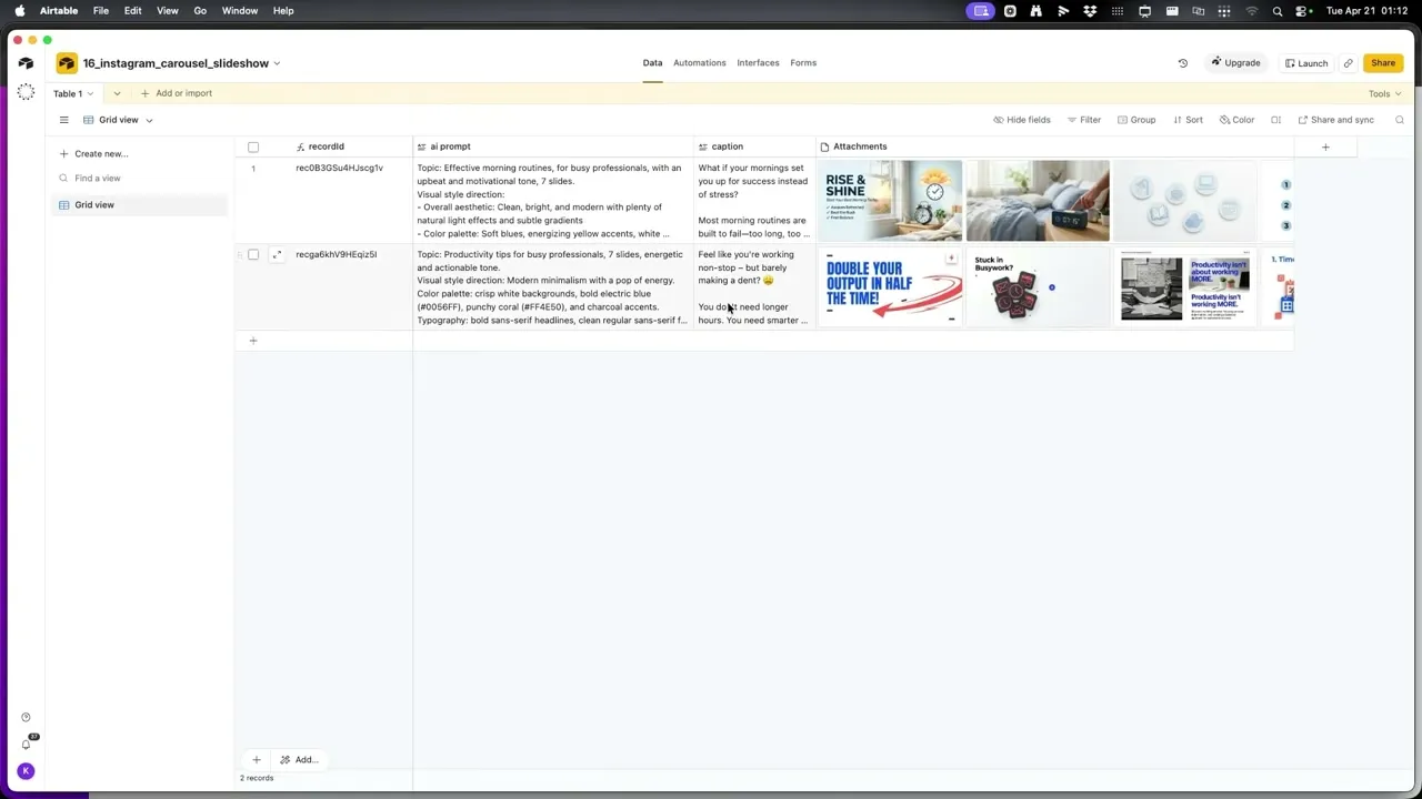 Airtable grid view with two carousel records, each row showing the AI prompt, the caption, and the generated slide images as attachments in a single row.