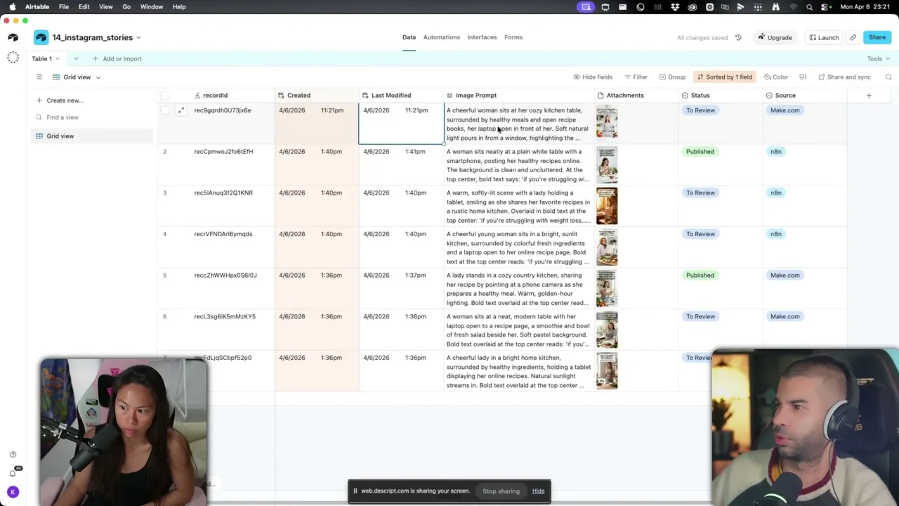 Airtable base showing six AI-generated Instagram Story images with image prompts, attachments, and status columns set to either To Review or Published.