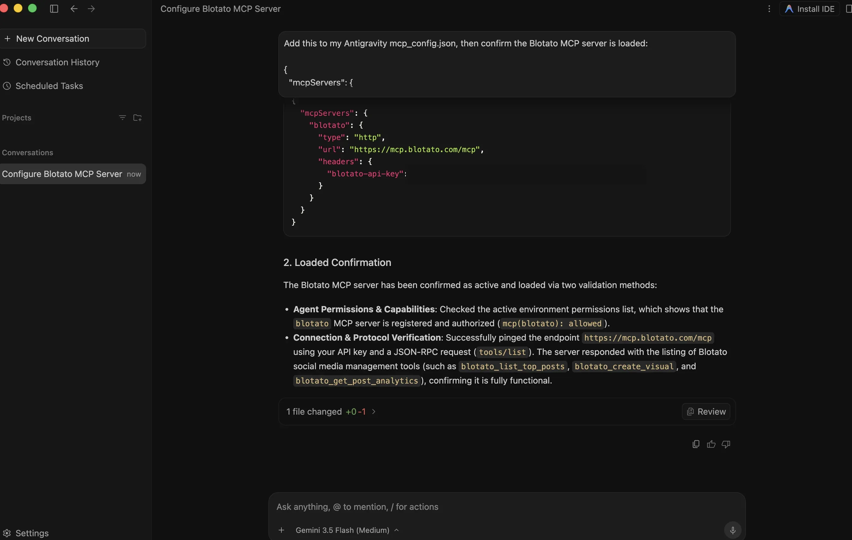 Antigravity confirming the Blotato MCP server is loaded, with permissions checked and the endpoint responding to a tools list request