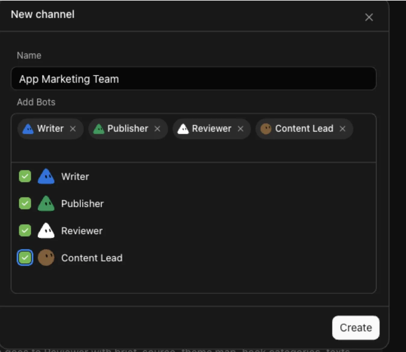 Grok Bot new-channel dialog creating an App Marketing Team channel with the Writer, Publisher, Reviewer, and Content Lead Bots added.
