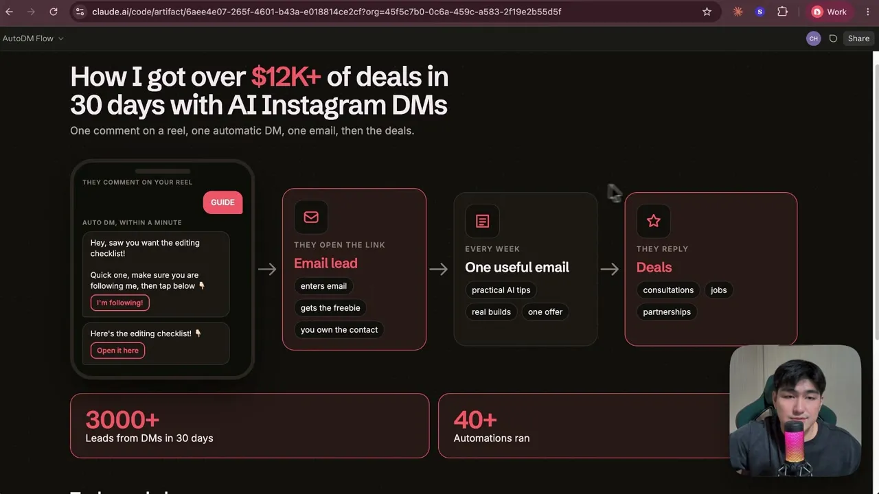 Calvin Hia's AutoDM funnel diagram: a comment on a Reel triggers a DM with a guide, the guide collects an email, one useful email a week goes out, and replies turn into consulting and partnership deals.