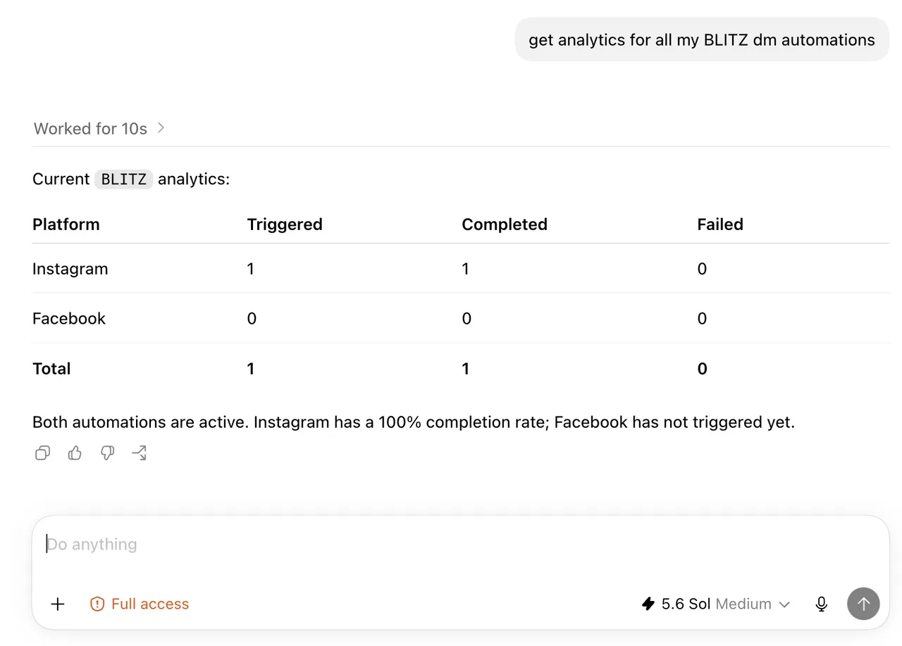 Analytics for two Blotato DM automations broken out by Instagram and Facebook with triggered, completed, and failed counts