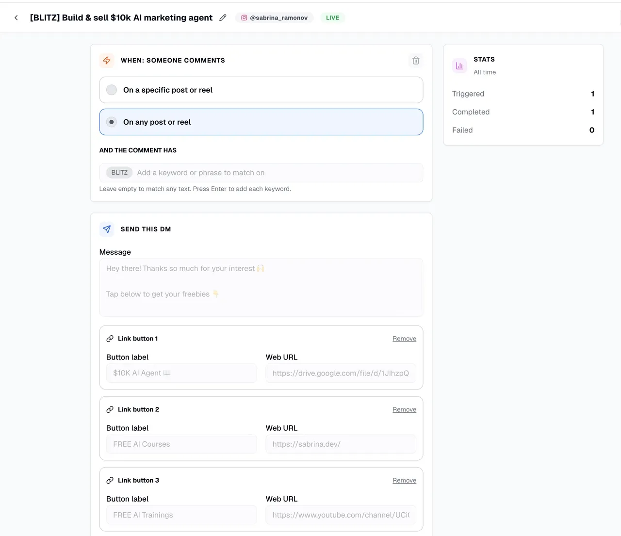 Blotato DM automation builder showing a comment trigger with the keyword BLITZ and three link buttons