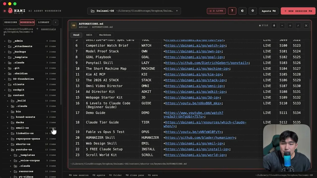 Calvin's AUTOMATIONS.md tracking table, 23 rows of keyword, link, status, and the Instagram and Facebook automation IDs his agent maintains.
