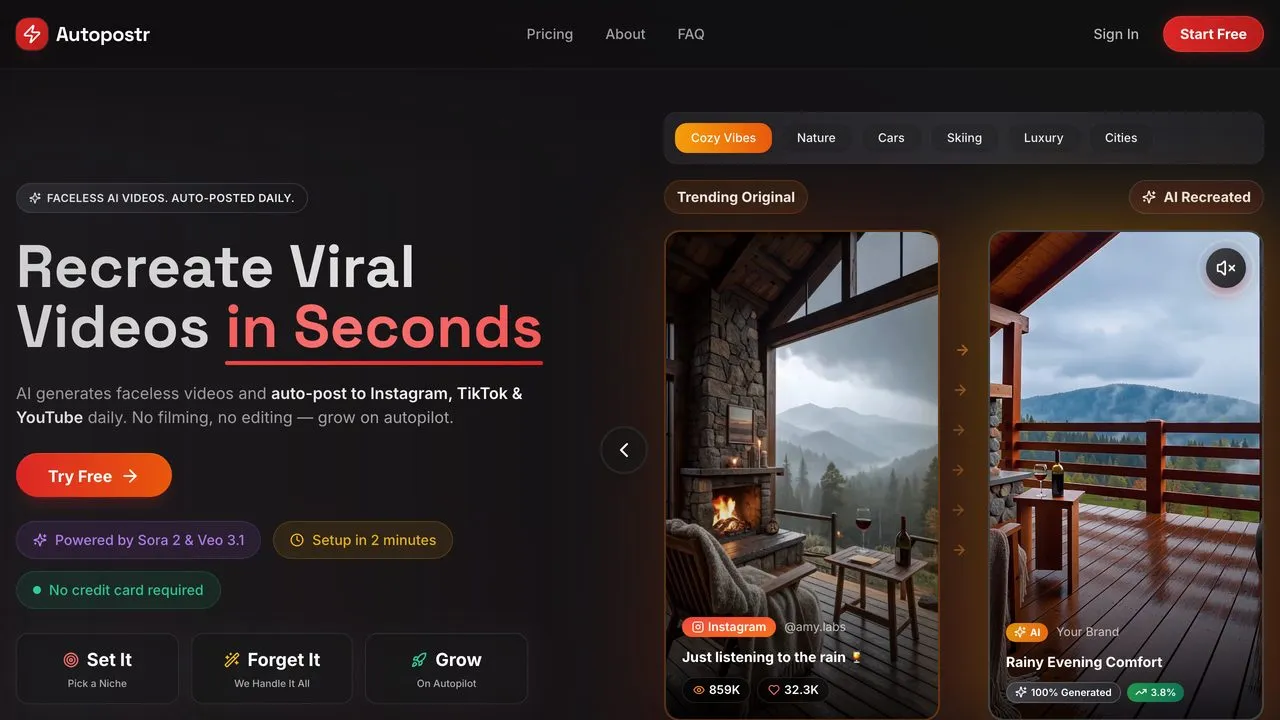Autopostr faceless AI video generator auto-posting to Instagram, TikTok and YouTube