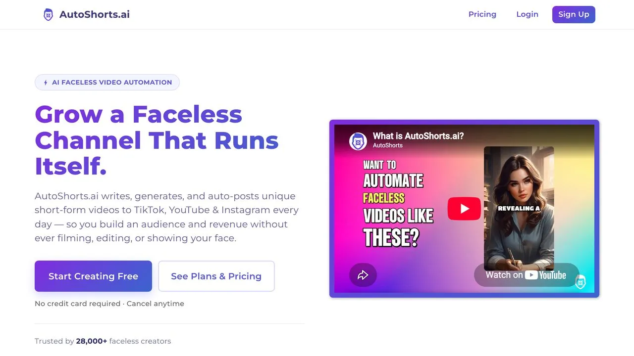 AutoShorts.ai faceless video generator auto-posting to TikTok, YouTube and Instagram