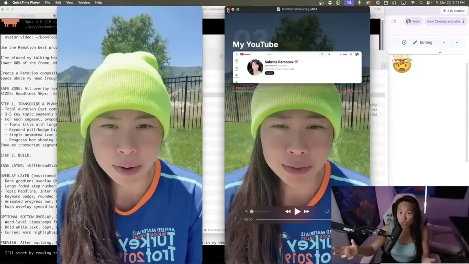 Avatar video before and after: raw HeyGen footage on the left, Remotion-edited version with captions, title animation, and website screenshot overlays on the right.