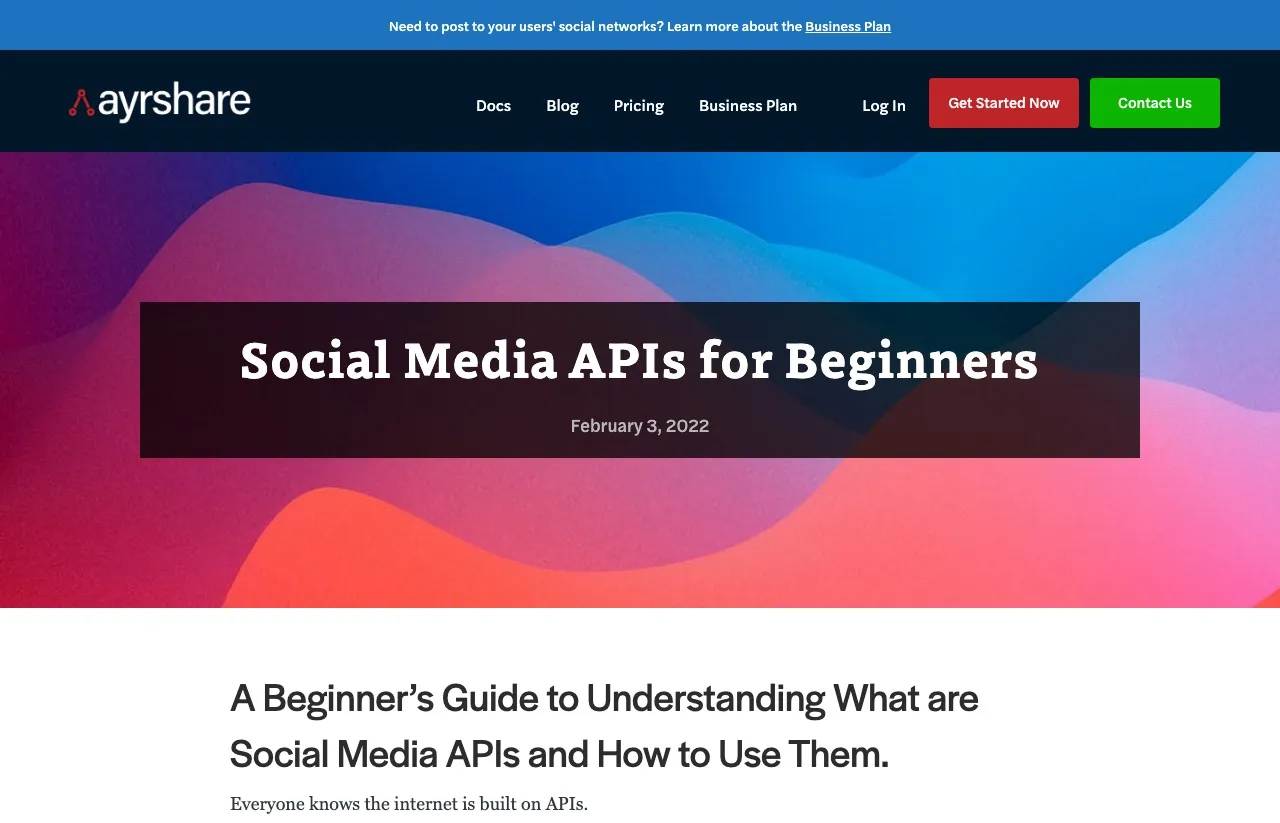 Ayrshare's social media API page, built for platforms that need to manage posting across many user profiles from one integration.