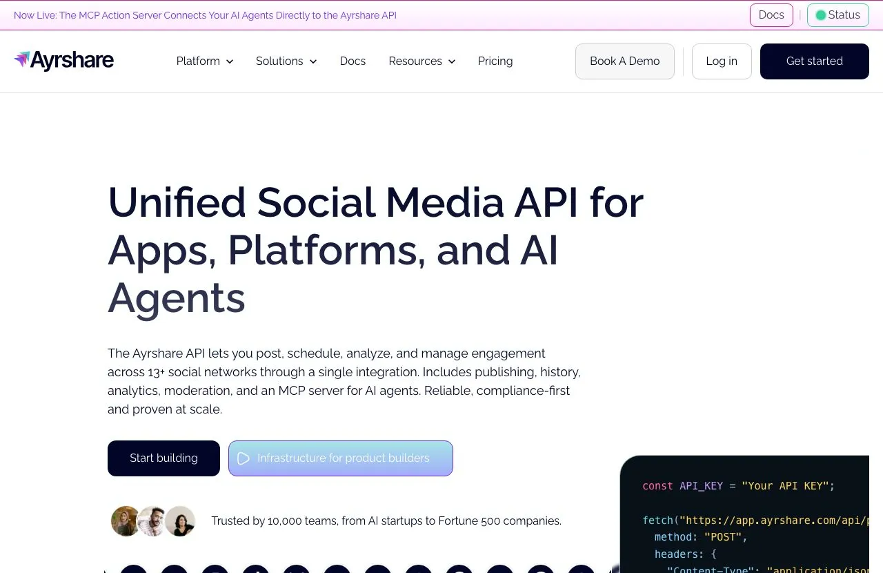 The Ayrshare homepage in 2026 positioning the product as a social media API for developers and businesses.