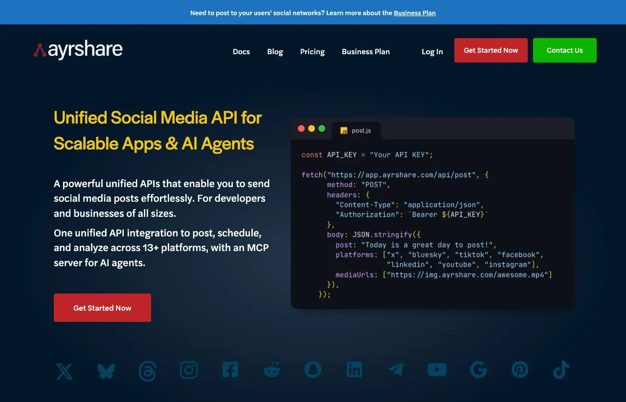 Ayrshare's homepage, positioning itself as a social media API for developers and platforms that need to post on behalf of their users.