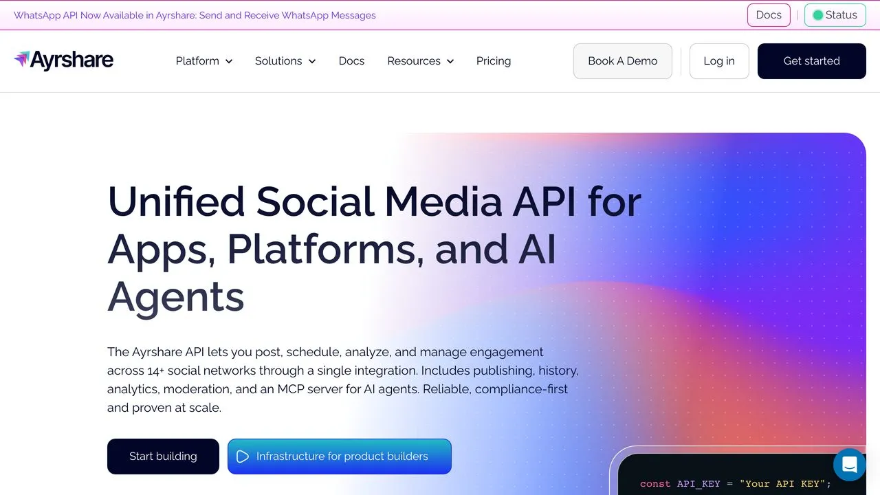 Ayrshare social media API homepage for products, platforms, and AI agents