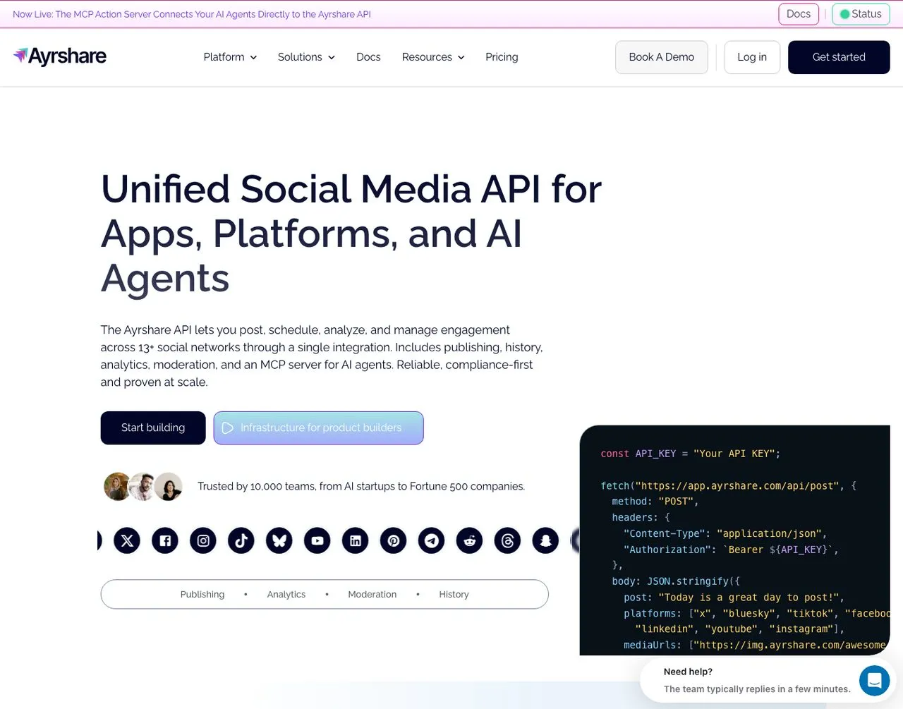 Mixpost alternative Ayrshare, social media API for developers homepage