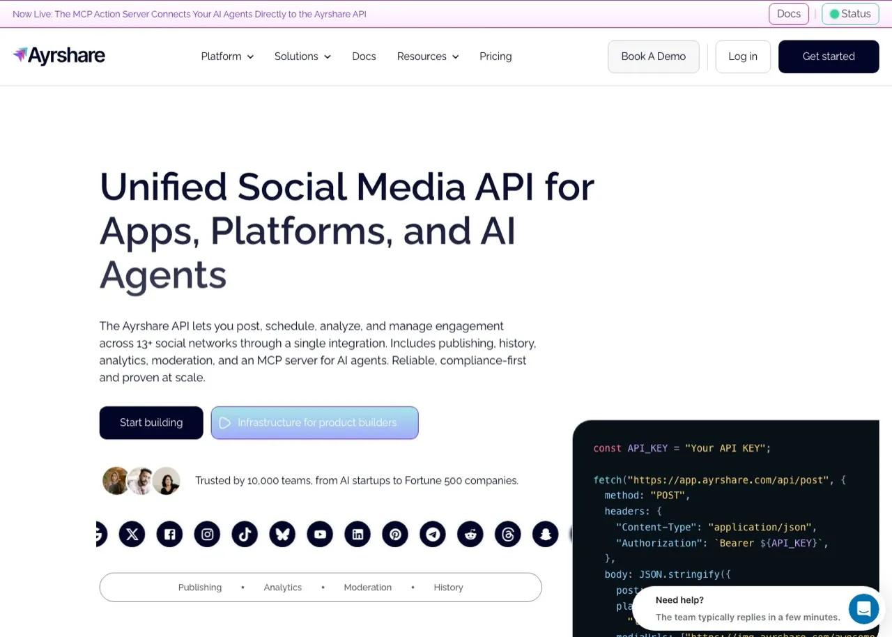 Postproxy alternative Ayrshare homepage showing unified social media API for apps and AI agents