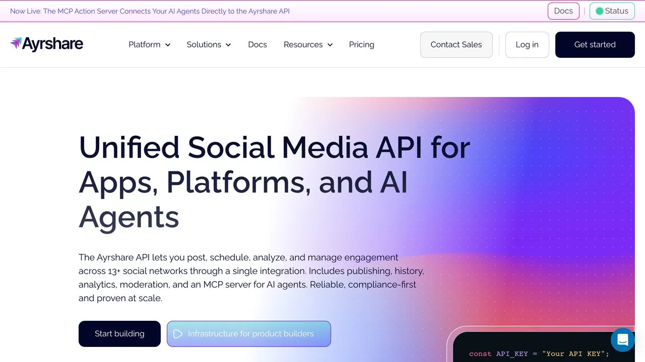 Ayrshare unified social media API homepage for apps, platforms, and AI agents