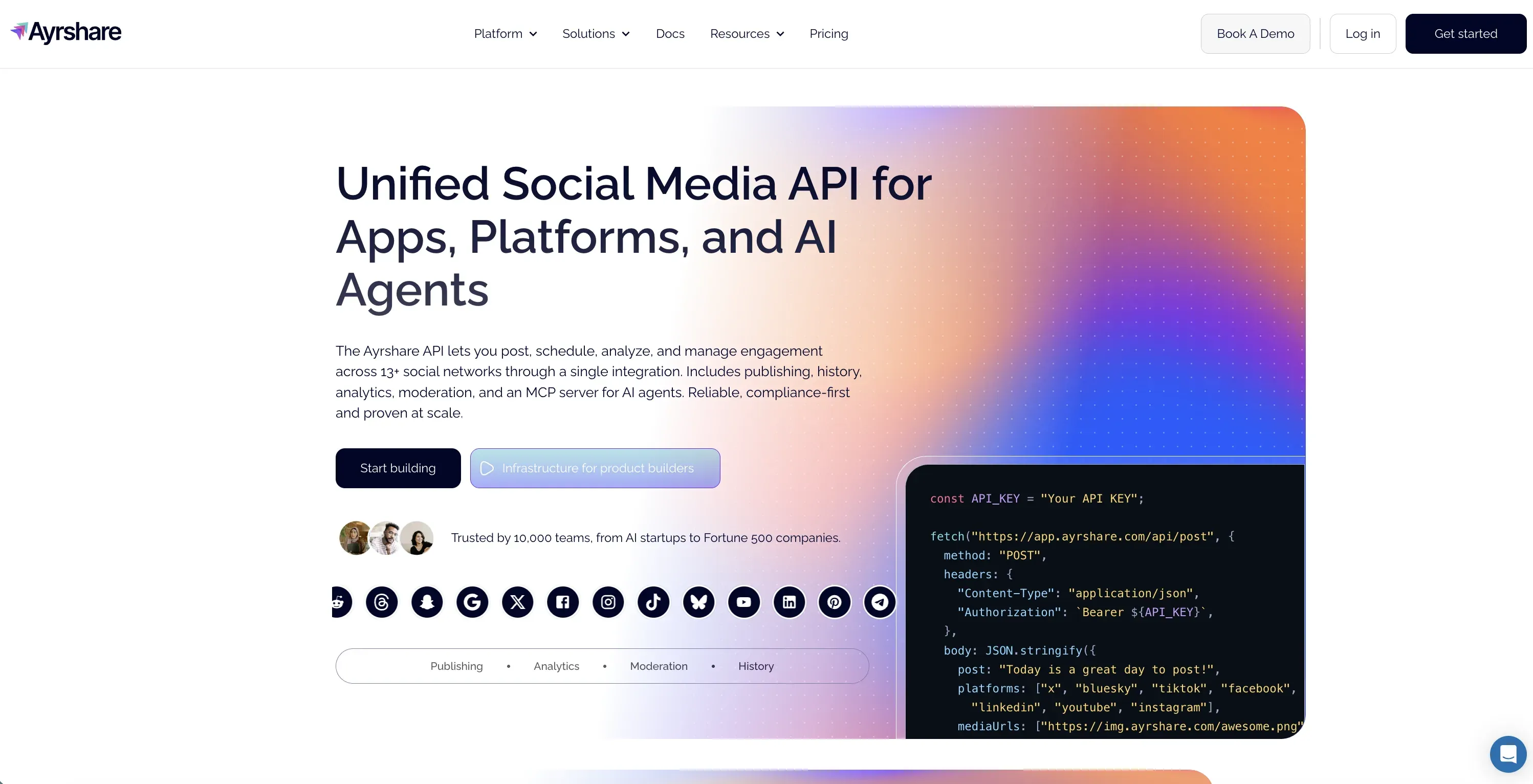 Ayrshare homepage showing the unified social media API for apps and AI agents