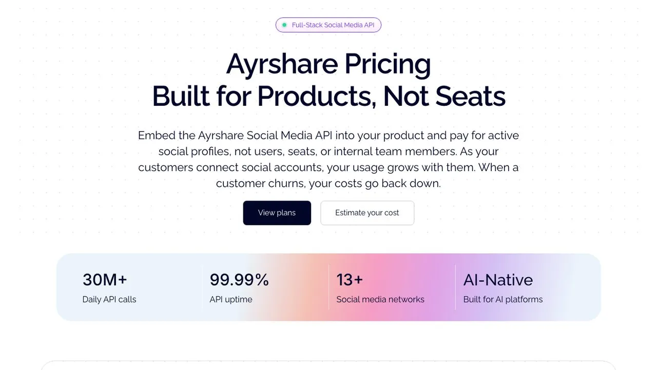 Post Bridge alternatives: Ayrshare pricing page showing its API plans