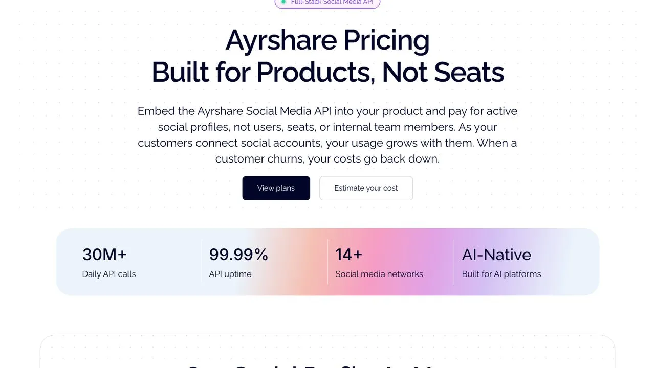 SocialAPI alternatives: Ayrshare pricing page built around social profiles not seats