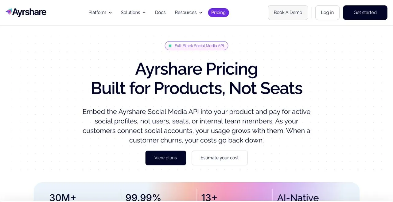 PostPulse alternative Ayrshare pricing page showing per-profile plans for embedded posting