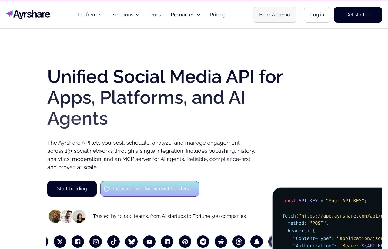 Upload-Post alternative Ayrshare homepage showing multi-tenant social media API for platforms and agencies