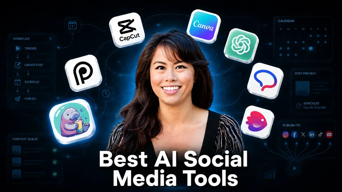 7 best AI social media tools for creators in 2026 shown around a creator: ChatGPT, Canva, Blotato, Predis.ai, Opus Clip, CapCut, and InVideo AI