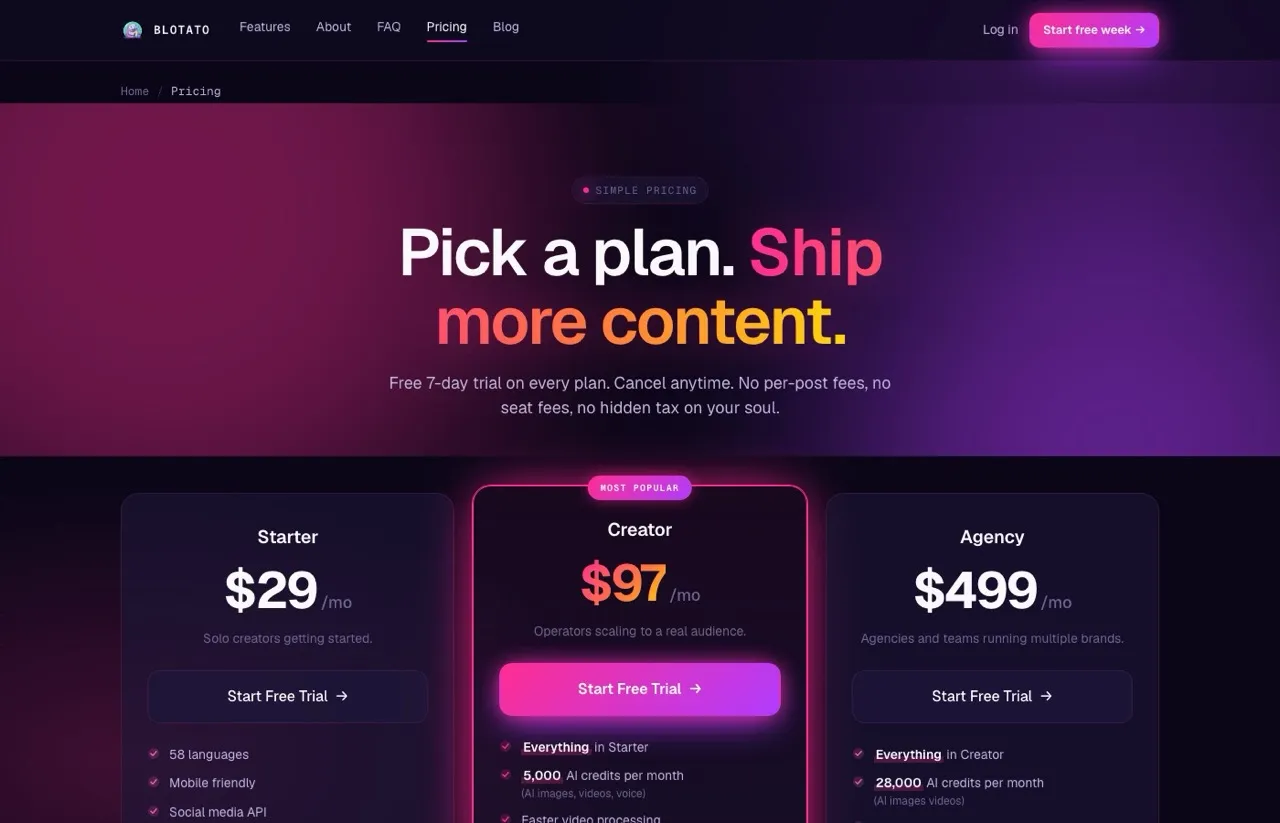 Best Later alternative Blotato pricing page showing flat-rate plans for creators
