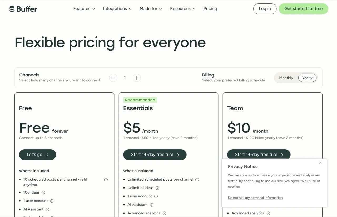 Best Later alternative Buffer pricing page showing per-channel plans and a free tier