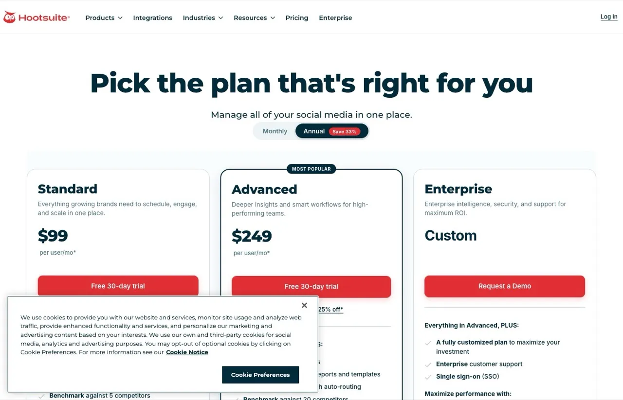 Best Later alternative Hootsuite plans page showing per-user pricing for teams