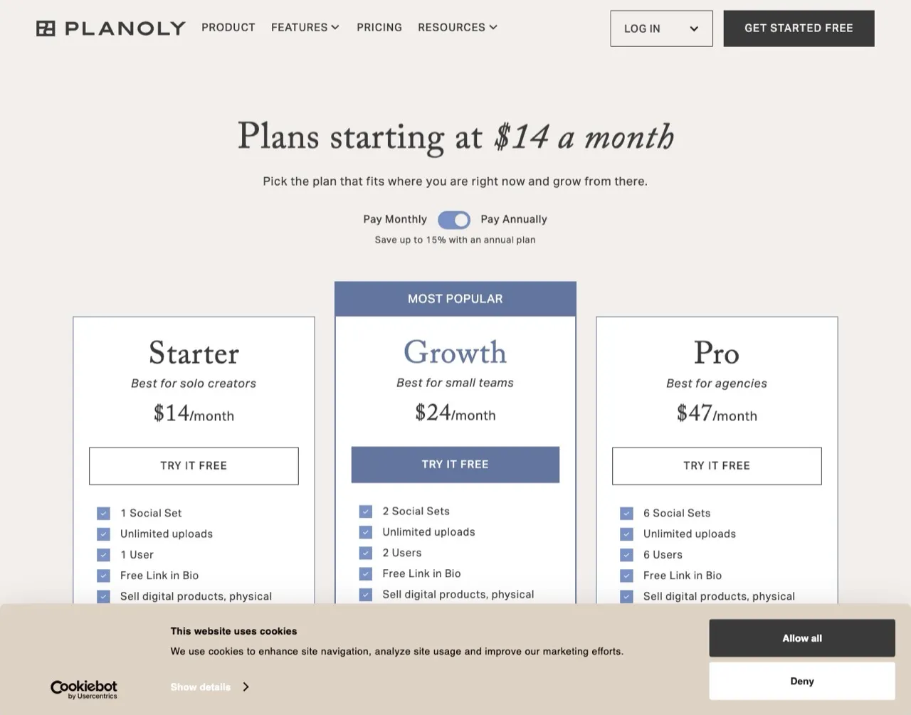 Best Later alternative Planoly pricing page showing social-set plans for visual creators