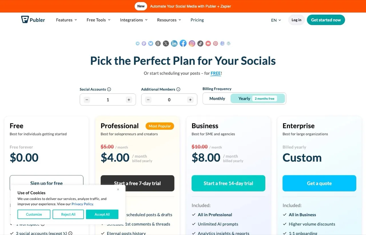 Best Later alternative Publer pricing page showing per-account plans for many networks