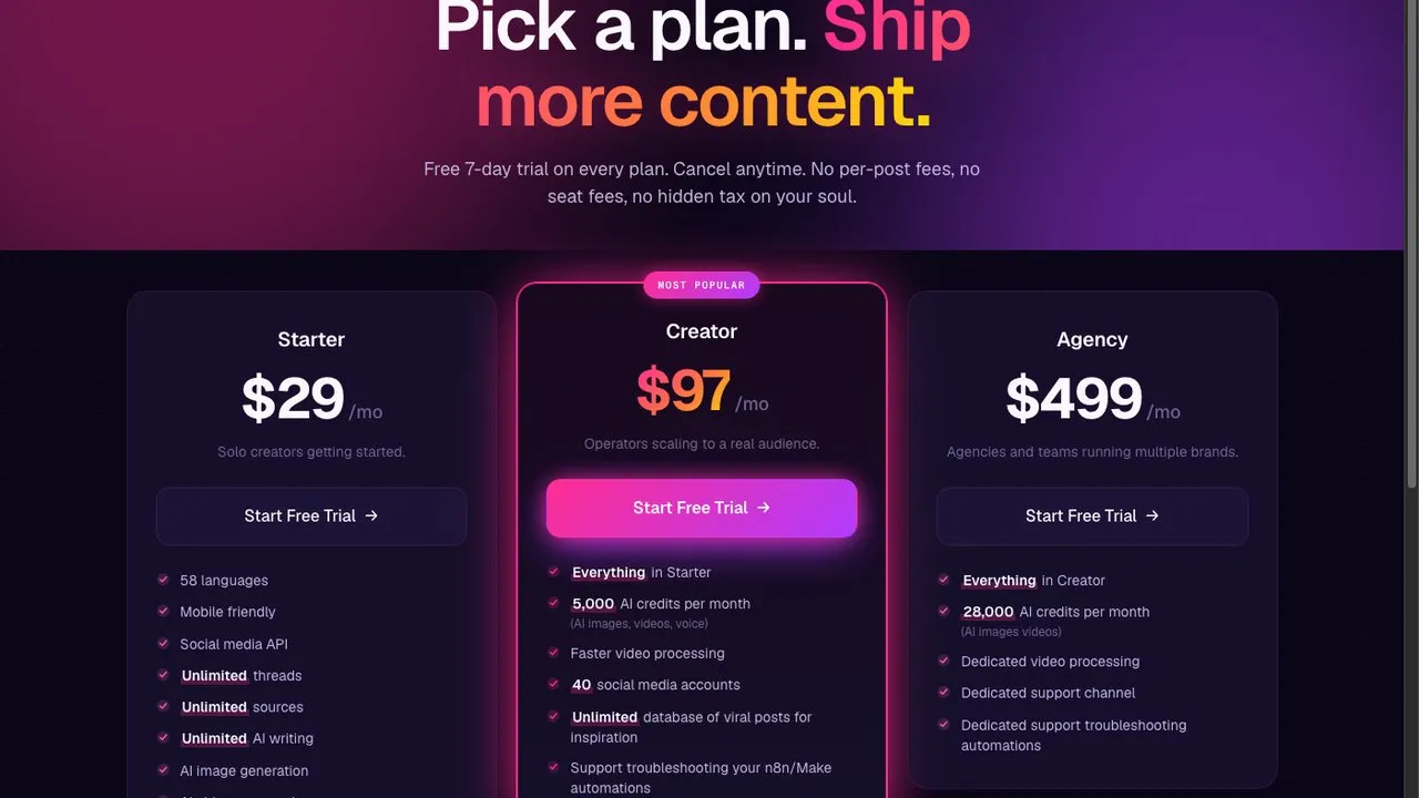 Best Submagic alternative Blotato pricing page showing flat-rate plans for creators