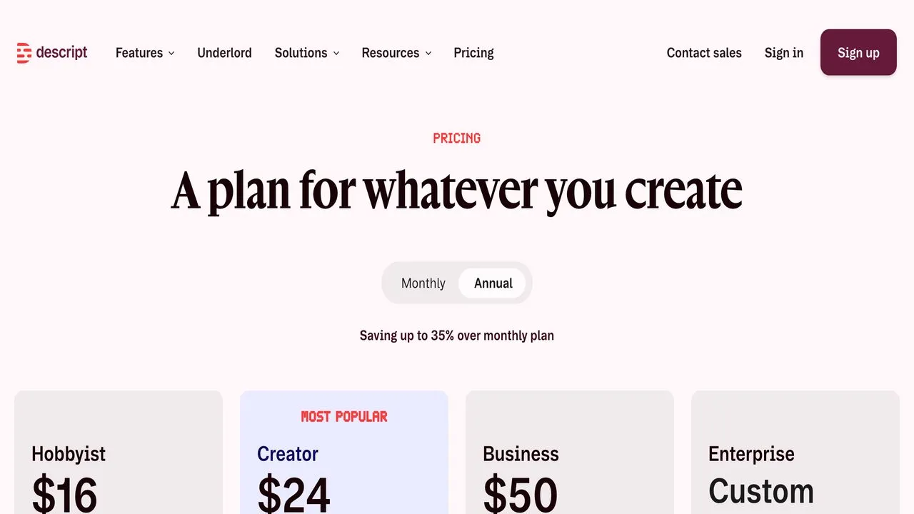Best Submagic alternative Descript pricing page showing text-based editing