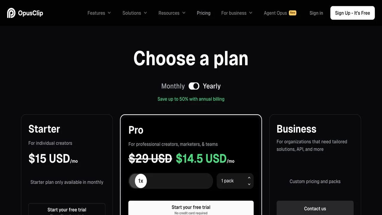 Best Submagic alternative Opus Clip pricing page showing AI clipping features
