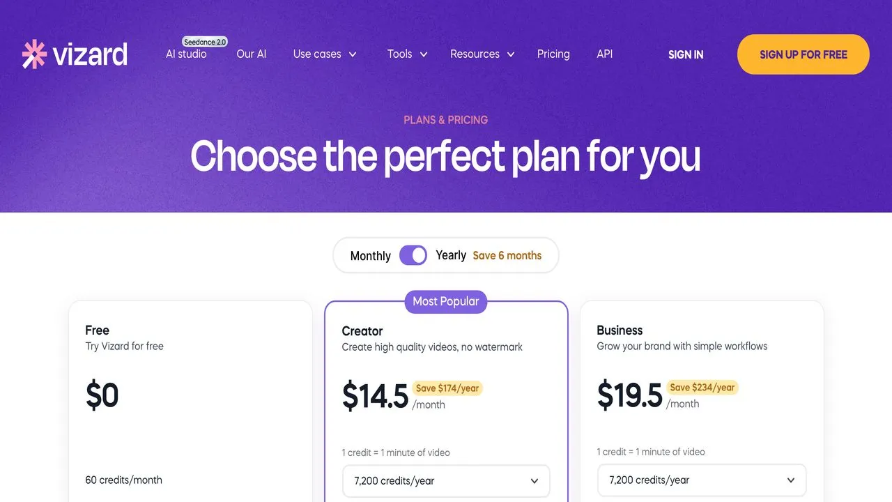 Best Submagic alternative Vizard pricing page showing Brand Kit and API features