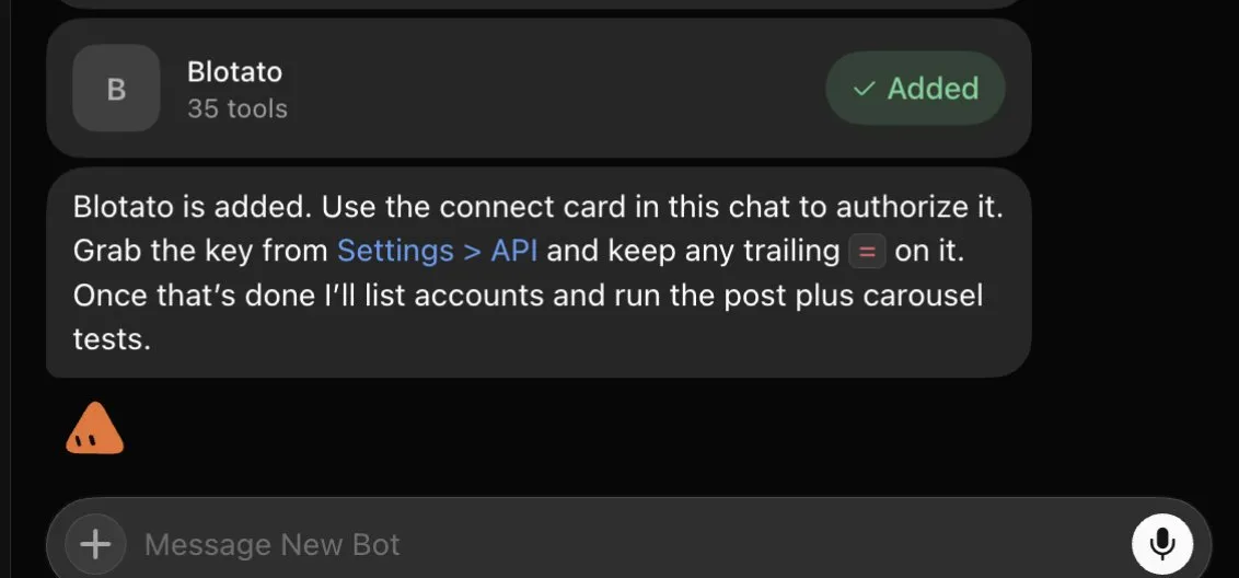 Blotato added to Grok Bot as a connector exposing 35 tools, ready to list accounts and run the post and carousel tests.